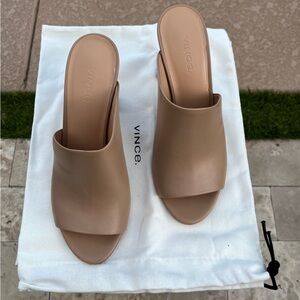 Vince - tan peep toe mule with boxy heel.